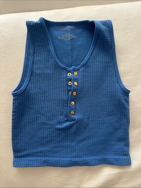 Blue Stretchy Waffle-Knit Snap-Front Crop Tank